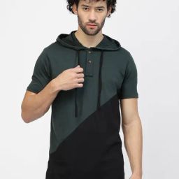 Kalt Black & Dark Green Regular Fit Colour-Block Hooded T-Shirt-image-33