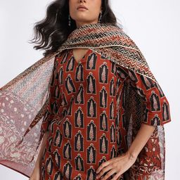 HERE&NOW Ethnic Motifs Printed Pure Cotton Straight Kurta with Trousers & Dupatta-13