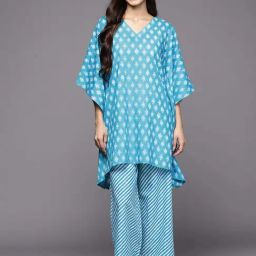 Libas Blue Cotton Printed Kaftan Pyjamas Set-image-47