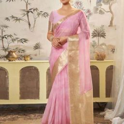 Satrani Pink Zari Work Saree With Unstitched Blouse-image-41