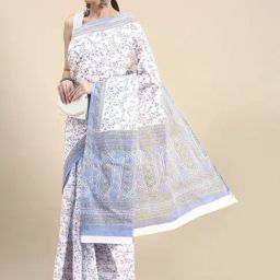 SHANVIKA White & Blue Cotton Printed Saree Without Blouse-19