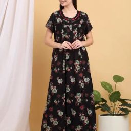 Sweet Dreams Black Cotton Floral Night Dress-picture-12
