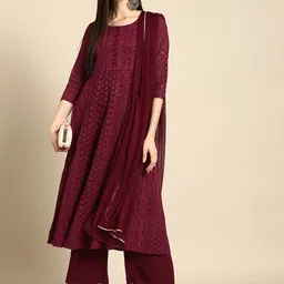 Anouk Women Maroon Ethnic Motifs Embroidered Chikankari Kurta with Palazzos & With Dupatta-image-72