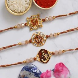 eCraftIndia Shri, Om & Om Trishul with Damru Religious Rakhis with Roli Chawal Pack - Set of 3-21