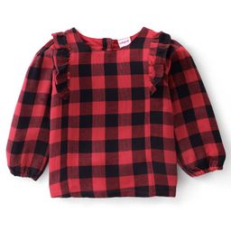 Babyhug 100% Rayon Full Sleeves Yarn Dyed Checks Top With Frill Detailing- Red & Black-image-11
