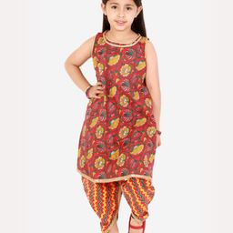 Superminis Sleeveless All Over Jaipuri Floral Swirl Printed A Line Kurta With Chevron Designed Gota Lace Embellished Overlapped Dhoti - Red-image-50
