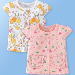 Babyoye 100% Cotton Knit with Eco Jiva Finish Cap Sleeves Vests Floral Print Pack of 2 - Pink & White-image-60
