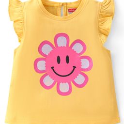 Babyhug Cotton Knit Half Sleeves Top with Frill Detailing & Floral Glitter Print - Yellow-picture-35