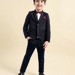 Babyhug Woven Full Sleeves Solid Colour 3 Piece Party Suit with Bow - Black & White-image-74