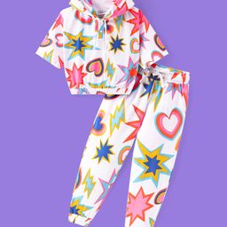 Ollington St. 100% Cotton Knit Half Sleeves Hooded Hearts Printed Top & Joggers Co-Ord Set - Off White-image-33