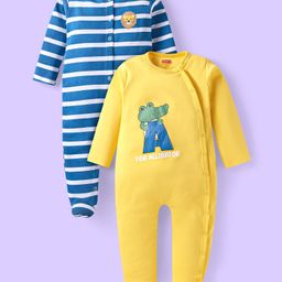 Babyhug Cotton Knit Full Sleeves Sleep Suits Striped & Lion Print Pack of 2 - Yellow & Blue-image-6