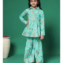 READIPRINT Full Sleeves Floral Printed & Lace Detailed Coordinating Kurta Sharara Set - Turquoise Blue-picture-44