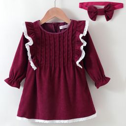 Kookie Kids Full Sleeves Frock with Frill Detailing Cable Knit Design & Headband - Maroon-image-86