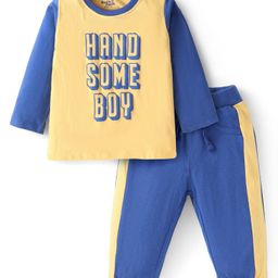 Doodle Poodle Single Jersey Knit Full Sleeves T-Shirt & Lounge Pant Set With Text Print- Yellow & Blue-picture-16