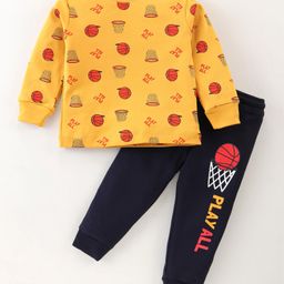 Bodycare Cotton Knit Full Sleeves T-Shirt & Lounge Pants Set With Basketball Print - Mustard & Navy-image-25