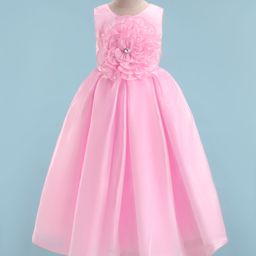 Bluebell Tissue Woven Sleeveless Party Gown With Floral Corsage - Pink-image-61