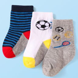Cute Walk by Babyhug Knit Ankle Length Socks With Sports Theme Design Pack of 3 - White Black & Grey-image-85