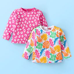 Babyhug Cotton Knit Full Sleeves T-Shirts with Leaves Print Pack of 2 - Dark Pink & White-image-9