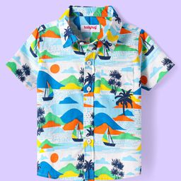 Babyhug Cotton Knit Half Sleeves Shirt with Beach Theme Print- Light Blue & White-image-128