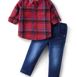 Babyhug Cotton Woven Full Sleeves Checkered Shirt & Solid Denim Jeans Set - Red & Blue-image-99