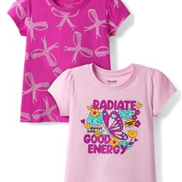Honeyhap Cotton Knit Half Sleeves Tops With Radiate Good Energy Text Print Pack of 2 - Pink A Boo & Fiji Flower-image-99