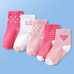 Doodle Poodle Cotton Knit Ankle Length Socks with I love Mom & Heart Design Pack of 5 - Pink & White-image-97
