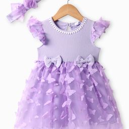 Mark & Mia Frill Sleeves Party Frock with Bow & Butterfly Applique & Headband - Purple-image-61