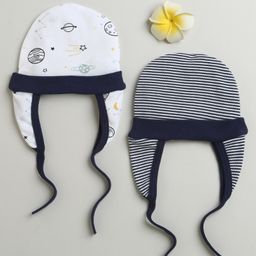 BUMZEE Cotton Pack Of 2 Striped & Space Theme Printed Tying Caps With Ear Flaps - Navy Blue & White-image-79