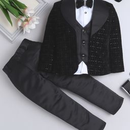 Fourfolds Velvet Full Sleeves Sequins Embellished 3 Piece Part Suit Set - Black-image-77