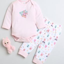 BUMZEE Cotton Knit Full Sleeves Animal Printed Onesie & Pajama Set - Pink & White-image-86