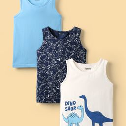 HoneyhapPremium Cotton Elastane Knit Sleeveless Vests With Bio Finish & Dino Print Pack of 3 - Navy Peony Bright White & Baltic Sea-image-92