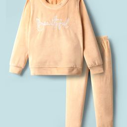 Babyhug Velour Woven Full Sleeves Text Embroidered Winter Wear Suit - Peach-image-59