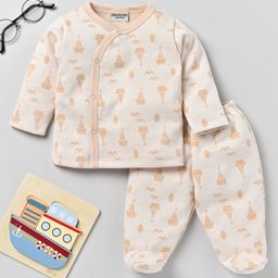 Wonderchild Interlock Knit Full Sleeves Boats Printed Coordinating Jhabla & Footed Pant Set - Fawn-image-54