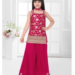 Tiny Kingdom Georgette Woven Sleeveless Floral Foil Printed Sequins Embellished Kurta Palazzo With Dupatta - Red-image-97