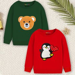 Trampoline Terry Knit Pack Of 2 Full Sleeves Penguin & Teddy Face Patch Embroidered Tees - Green & Red-image-9