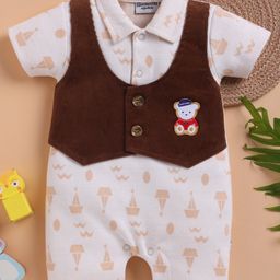 Wonderchild Half Sleeves Boat Printed & Teddy Bear Patch Detailed Romper With Attached Waistcoat - Skin & Brown-image-88