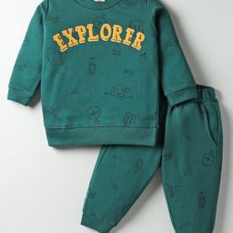 Zero Looper Knit Full Sleeves Co-ords T-Shirt & Lounge Pant Set with Explorer Print - Green-picture-35
