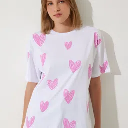 Happiness istanbul Women Conversational Printed Round Neck Cotton Oversized T-Shirt-image-41