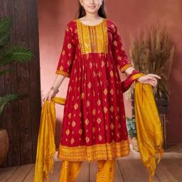 Aarika Girls Maroon & Yellow Embellished Kurti-image-11