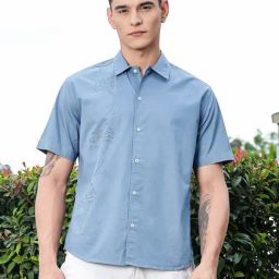 Thomas Scott Medium Blue Cotton Regular Fit Embroidered Shirt-picture-17