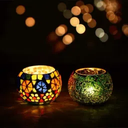 eCraftIndia Set of 2 Mosiac Glass Decorative Tea Light Holder/Diya-8