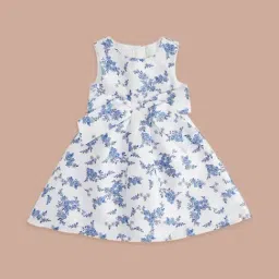 Pantaloons Junior White & Blue Cotton Floral Print Dress-picture-6