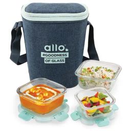 Borosilicate Glass Lunch Box Microwave Oven Safe with Detachable Lock and Denim Blue Tiffin Bag-image-79