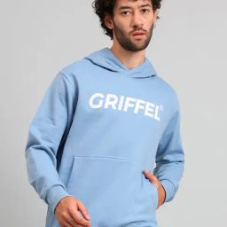 GRIFFEL Sky Blue Regular Fit Logo Print Hooded Sweatshirt-37