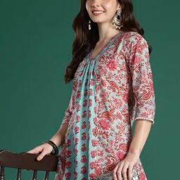 Indo Era Sea Green Cotton Regular Fit Printed Kurta-image-75
