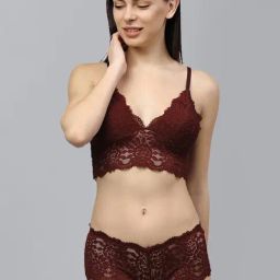 AROUSY Maroon Self Pattern Bra Panty Set-picture-6