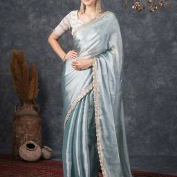 Satrani Steel Grey Saree With Unstitched Blouse-image-84