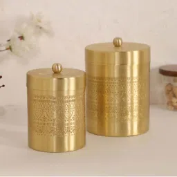 Peepul Tree Brass Storage Jar/Container with Lid for Tea, Sugar and Spice in Kitchen Use| Combo | image 1