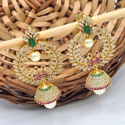 FIRST TOUCH Women Classic Gold-Plated Kundan and Pearl Jhumka Earrings-2