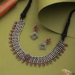 Aatmana Red Silver-Plated Oxidized Stone-Studded Jewellery Set-image-20